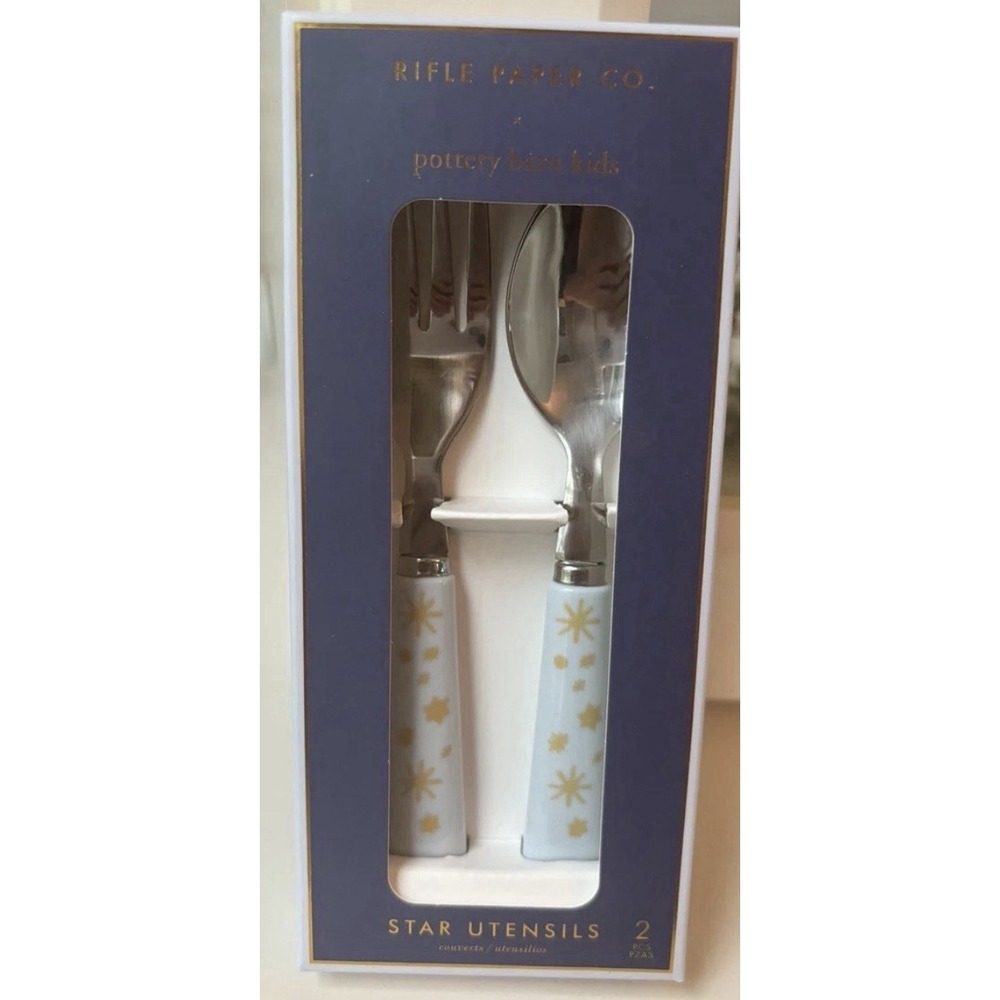 NEW Pottery Barn Kids Fork Spoon Utensil Set Hanukkah Rifle Paper Toddler Stars
